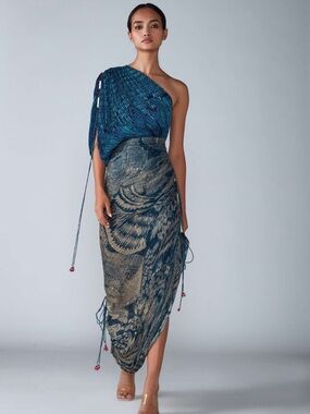 Saaksha & Kinni SK Sari Dress MX06 One Shoulder Draped Blue Printed Midi